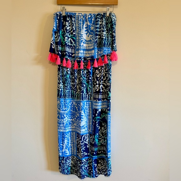 Lilly Pulitzer Strapless Blue & Pink Meridian Midi Dress Size Medium - Picture 4 of 10